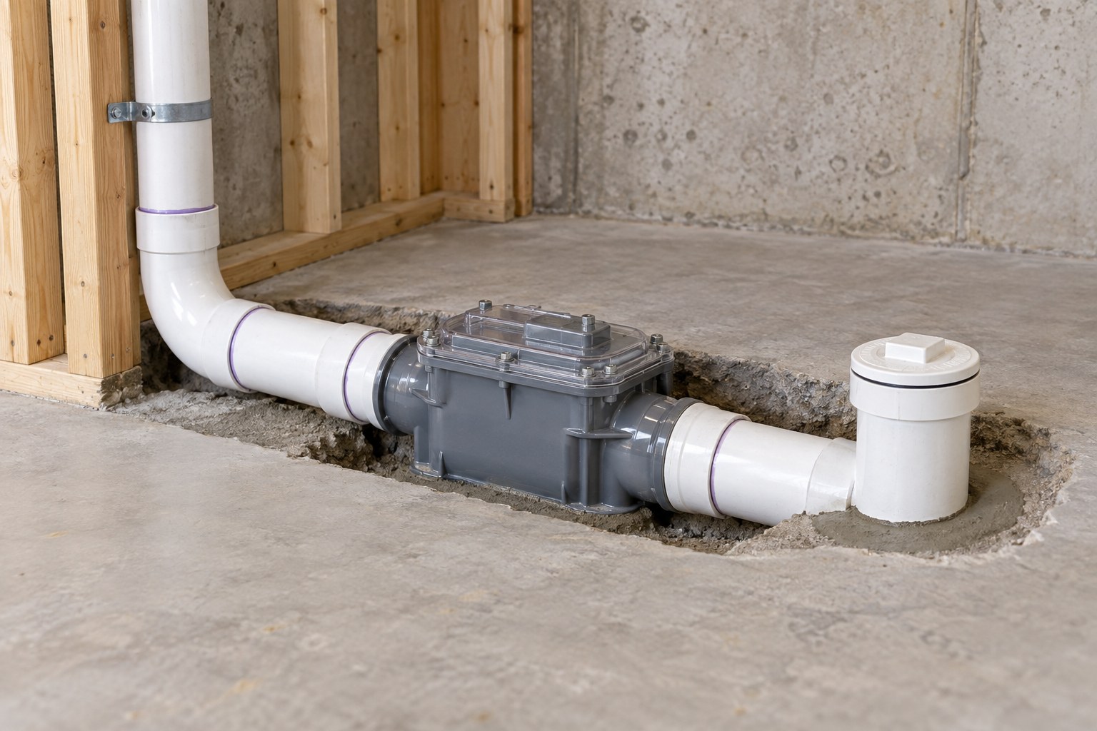 Illustrative image of a freshly installed backwater valve in a basement drain line