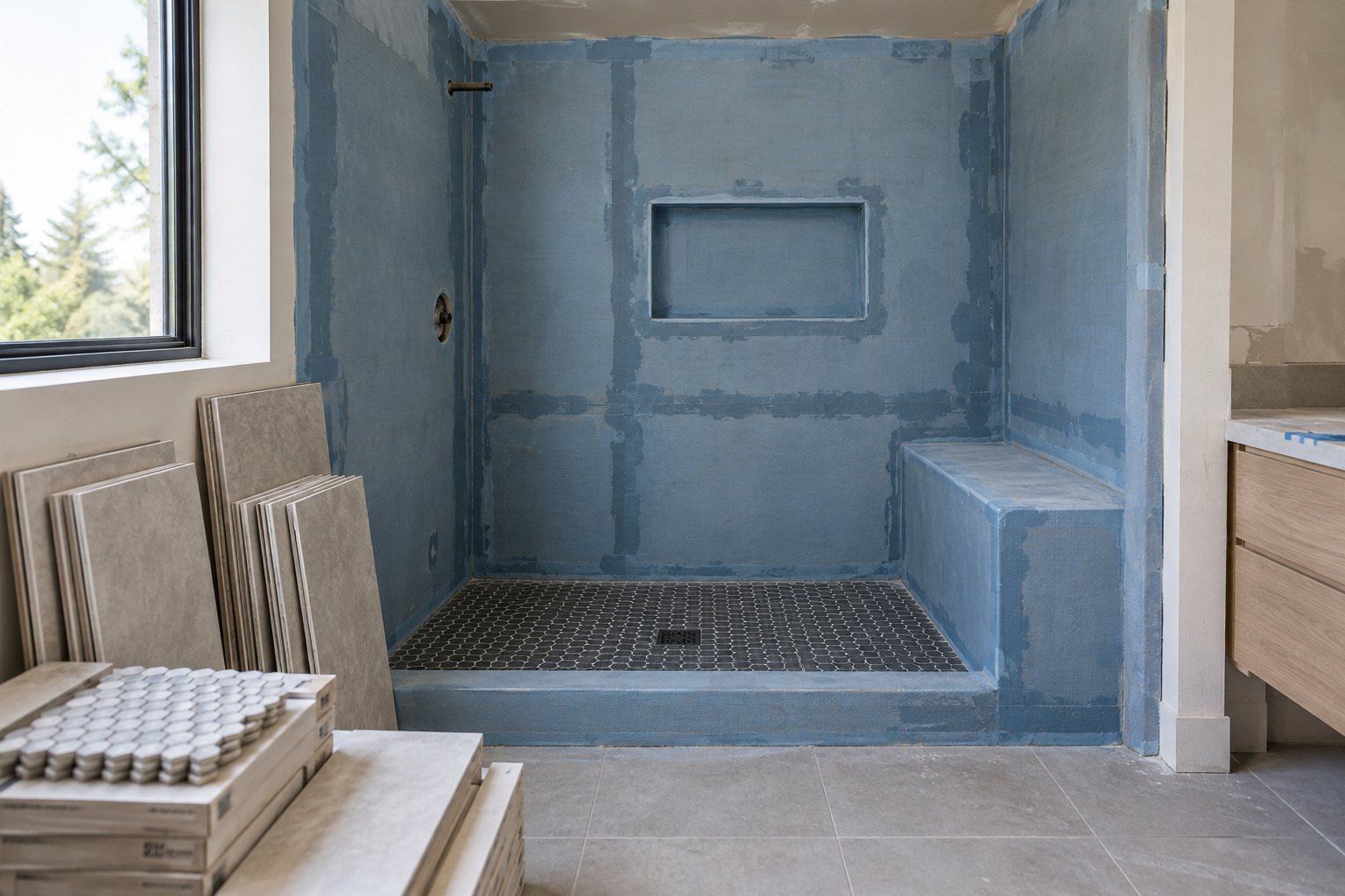Illustrative custom shower waterproofing in progress