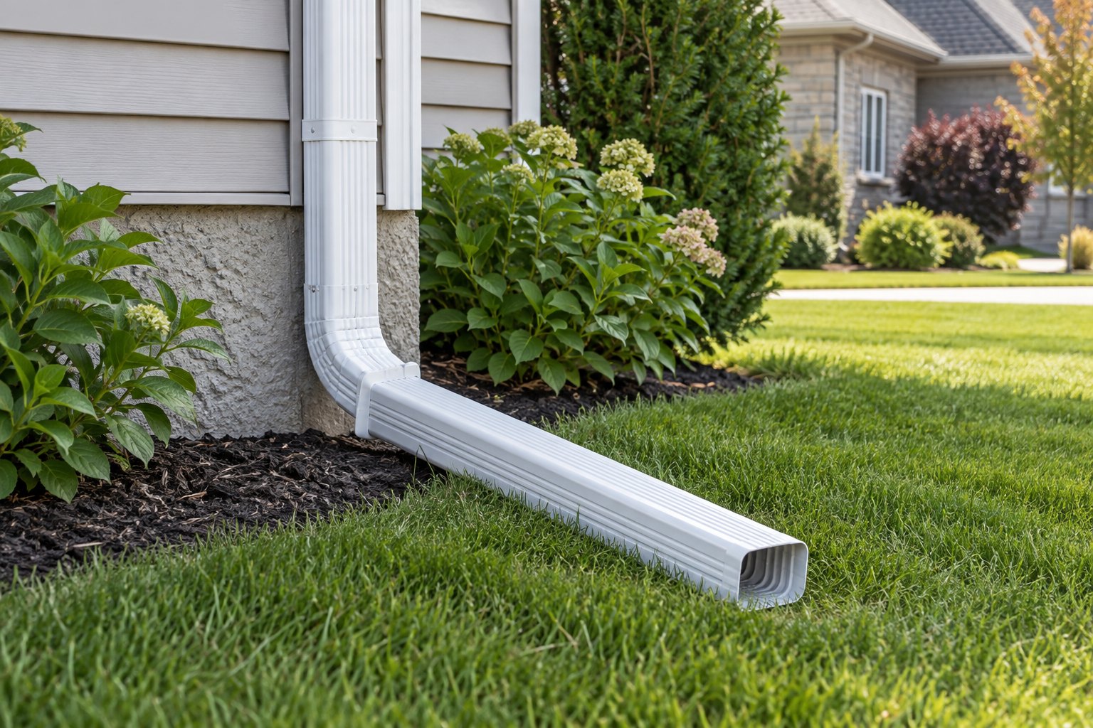 Illustrative downspout extension directing water away from a home