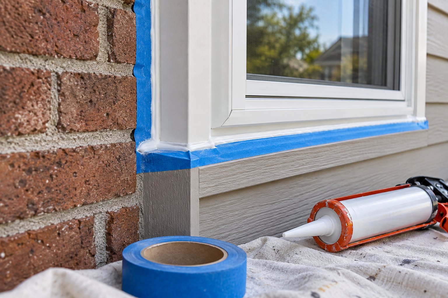Illustrative exterior window caulking in progress