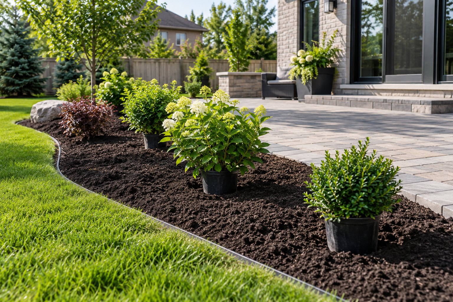 Illustrative garden bed beside an interlock patio