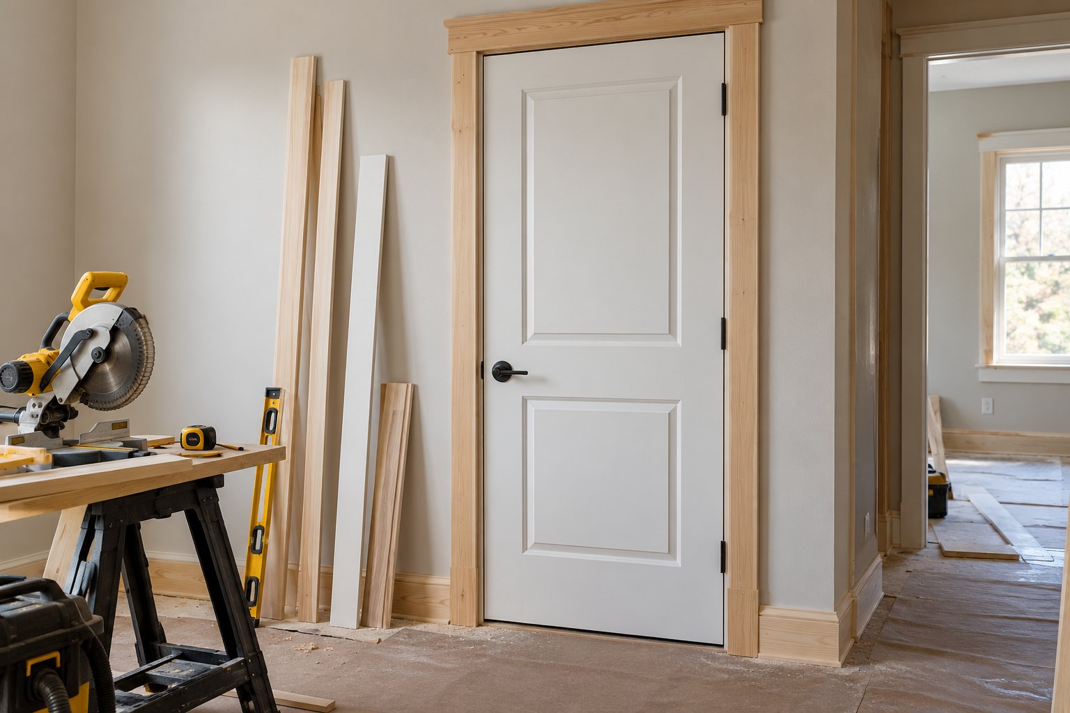 Illustrative interior door and trim installation