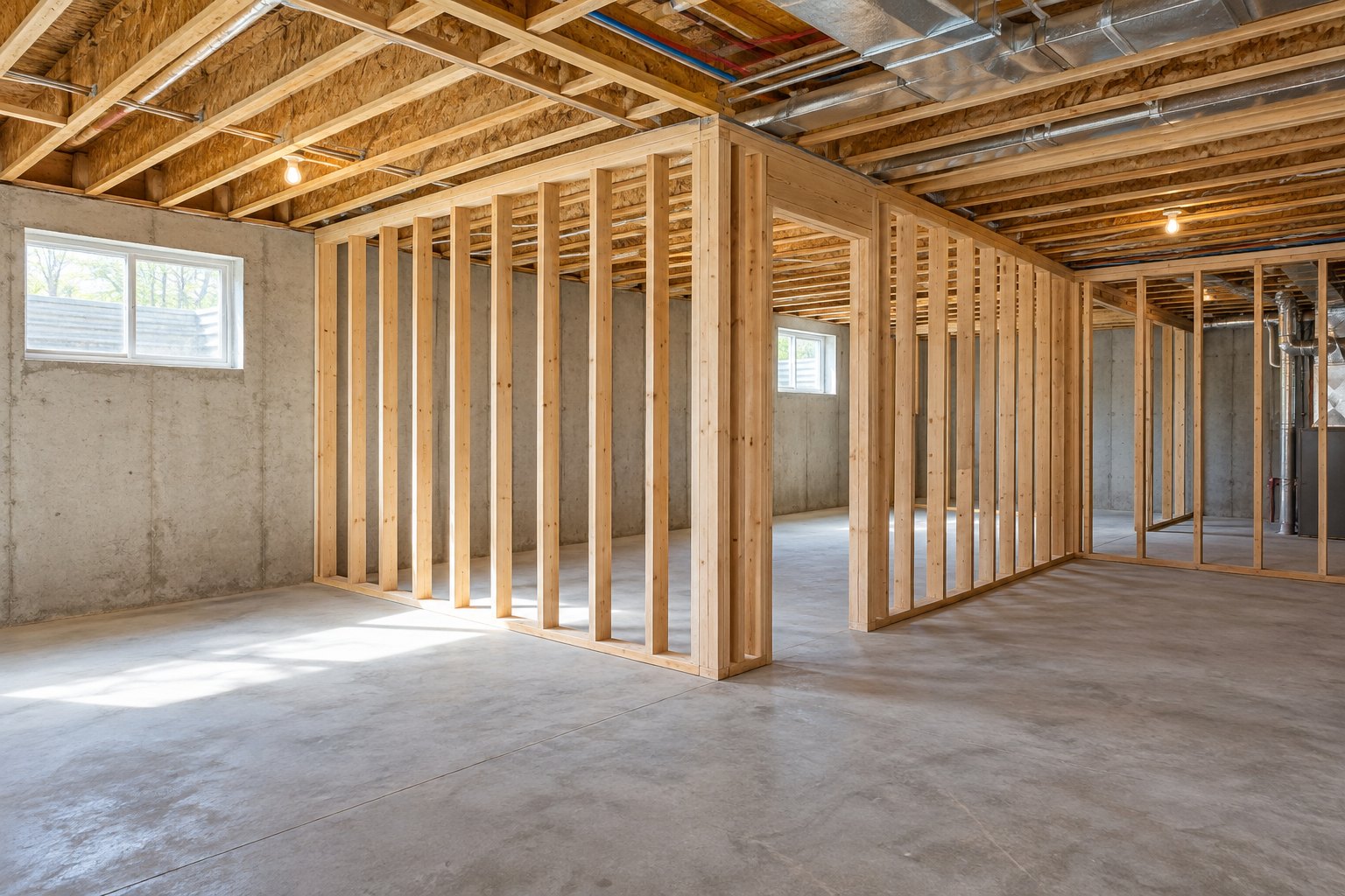 Illustrative interior wall framing in a basement