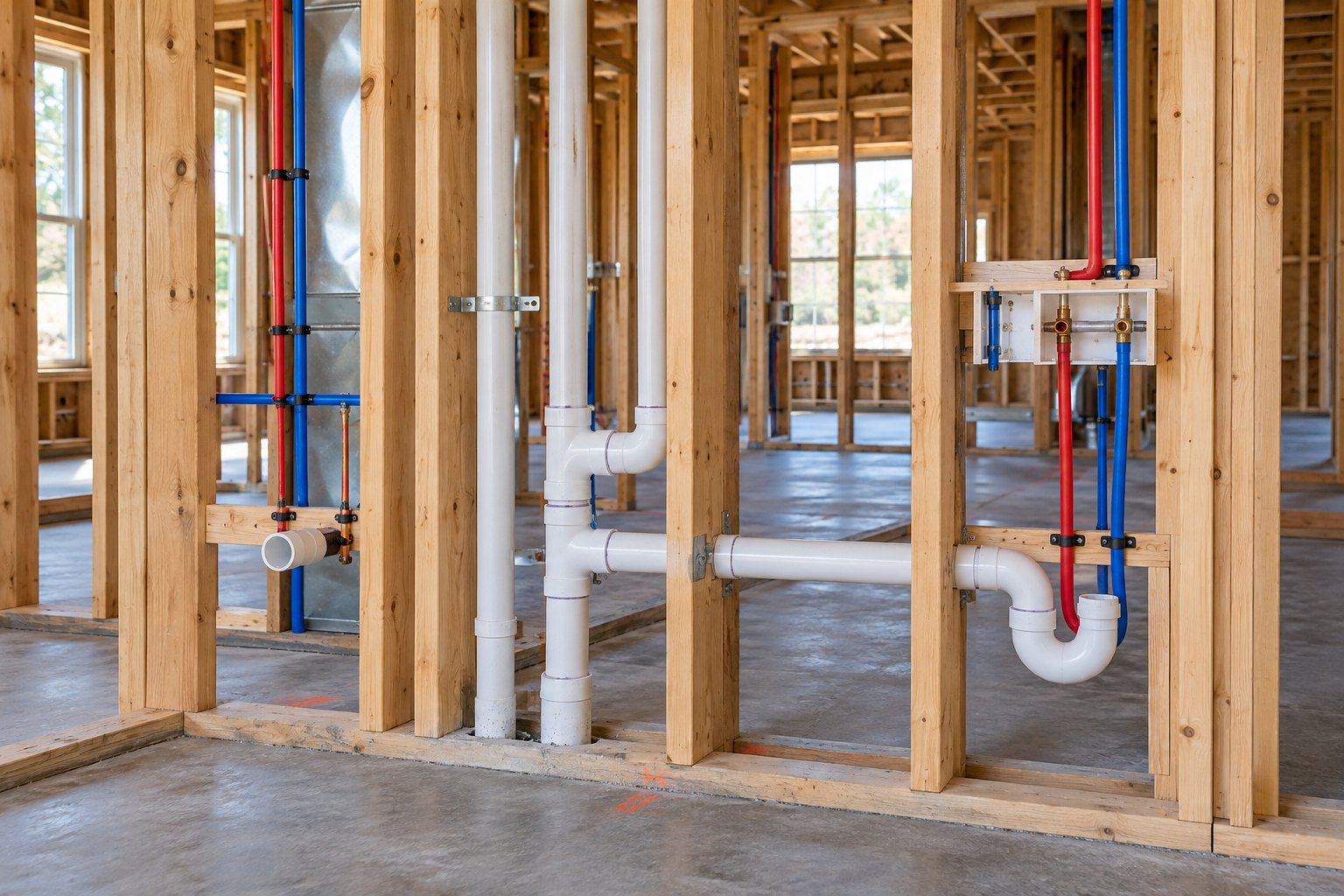 Illustrative new home plumbing rough-in with drain, vent and supply lines through wood framing