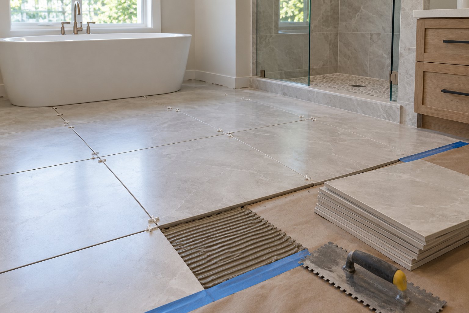 Illustrative porcelain tile installation in progress