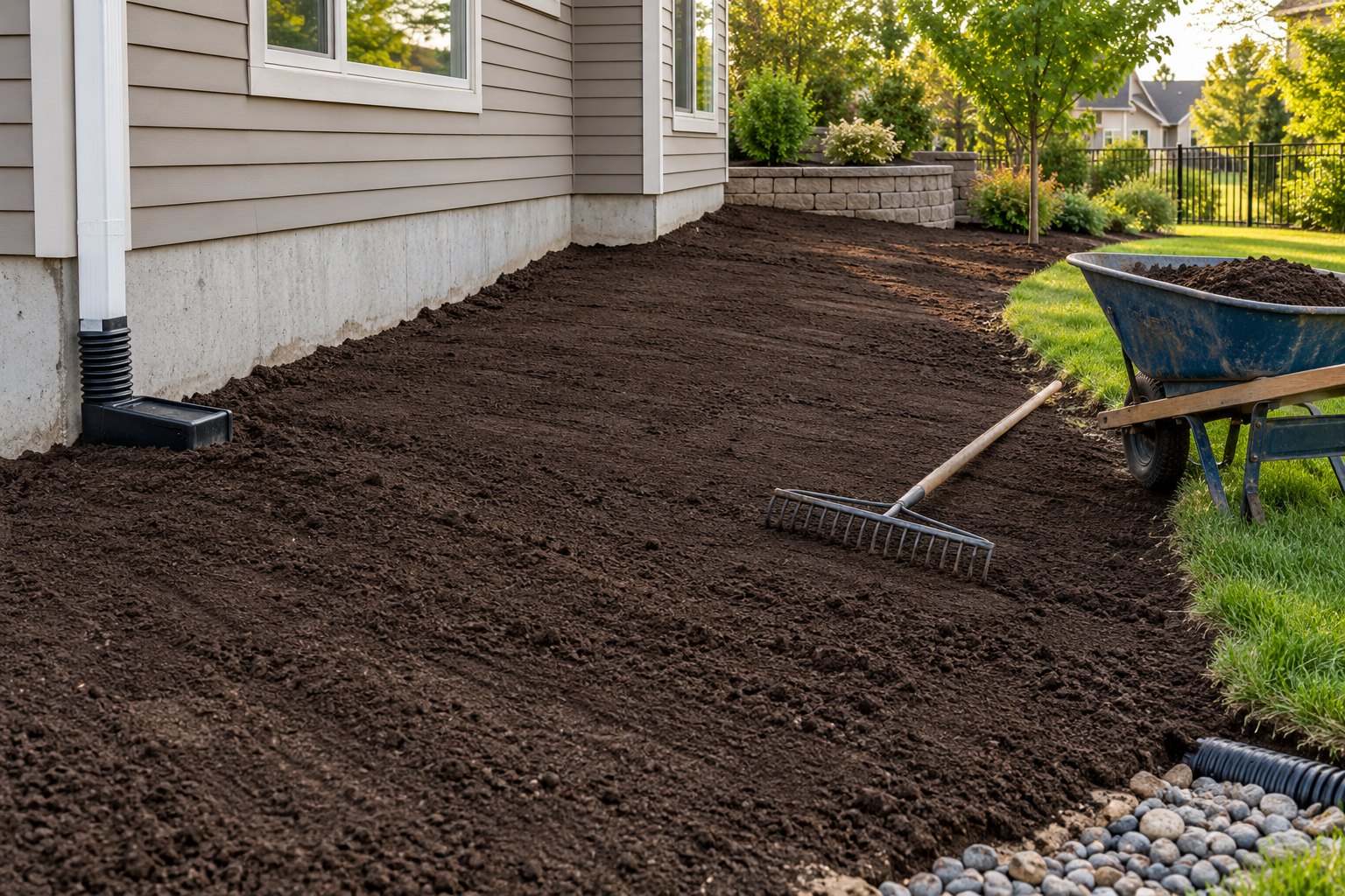 Illustrative yard grading beside a house